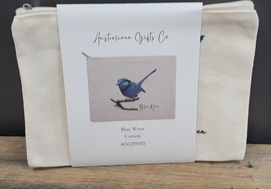 Cotton Zipper Pouch Blue Wren