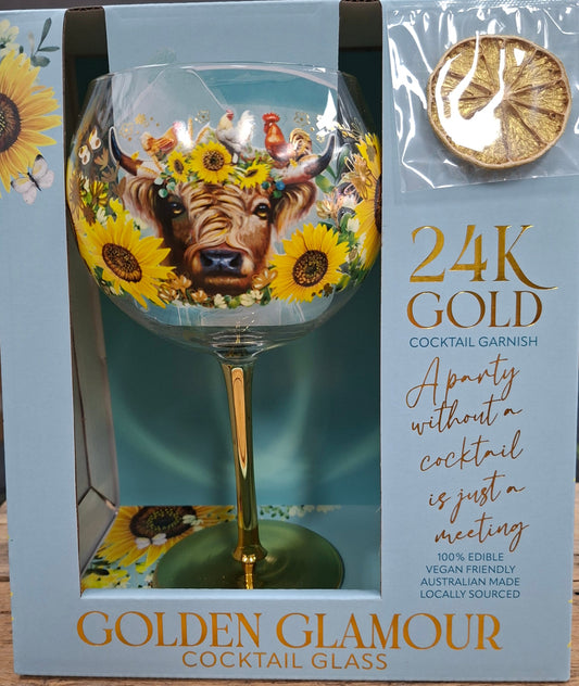 Cocktail glass with sunflower design and '24K Gold' text on packaging