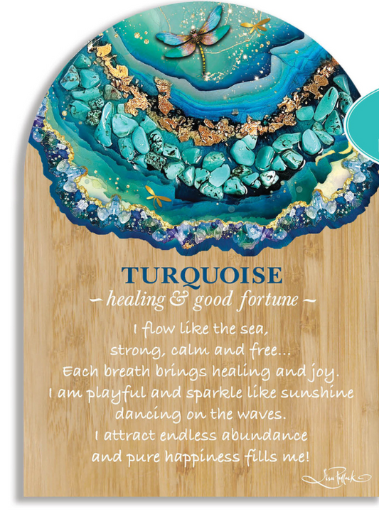 Turquoise resin and gold flakes product with descriptive text on a white background