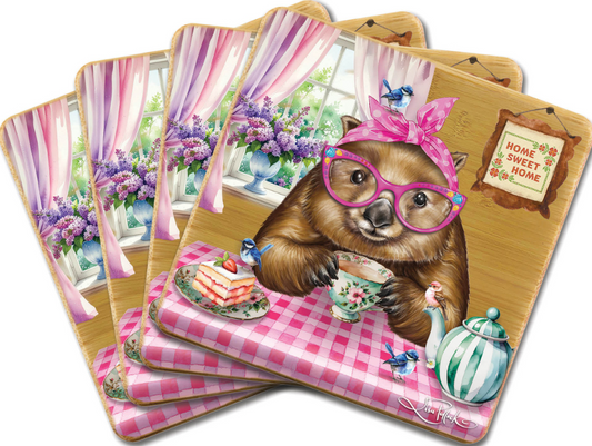 Set of four coasters with a bear design, glasses, and a teacup on a decorative background.