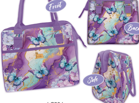 Purple floral bag with front, back, and side views on a pastel striped background.