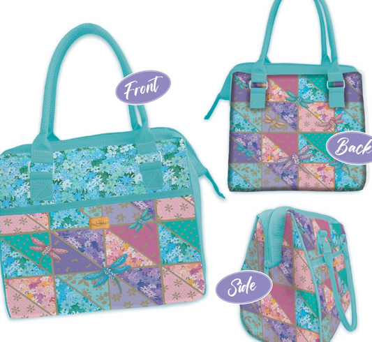 Patchwork bag with front, back, and side views on a colorful background