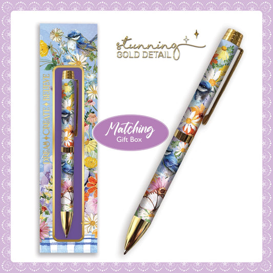 Floral pen with matching gift box on a decorative background