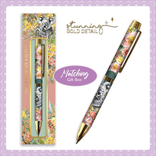 Pen with floral and animal design packaging on a light purple background