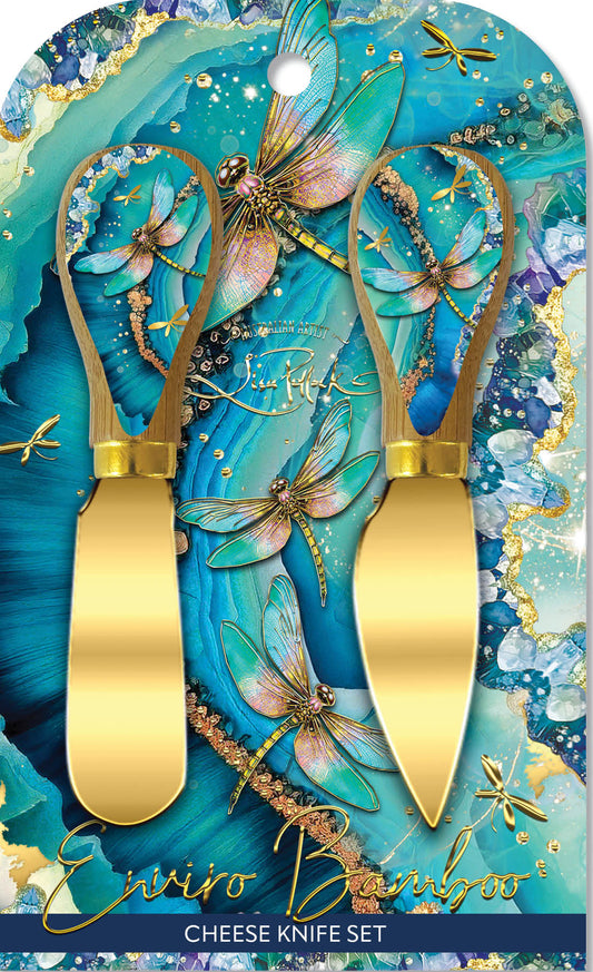 Cheese knife set with decorative packaging featuring dragonflies and floral designs.
