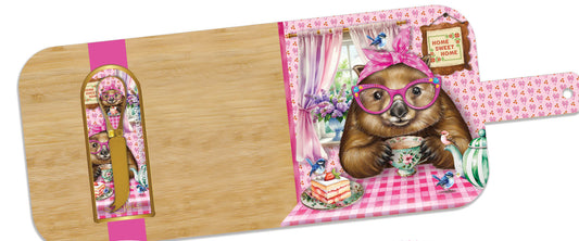 Bamboo cutting board with resin finish and matching knife, featuring a bear design.