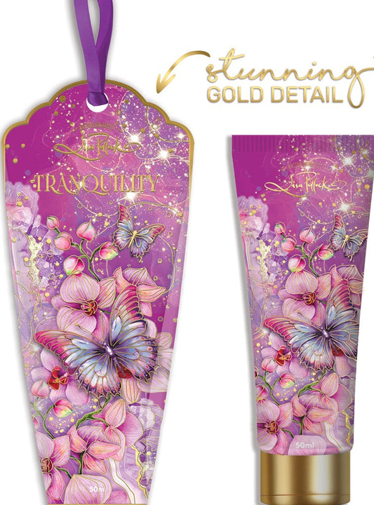 Floral-themed product packaging with butterfly design on a white background