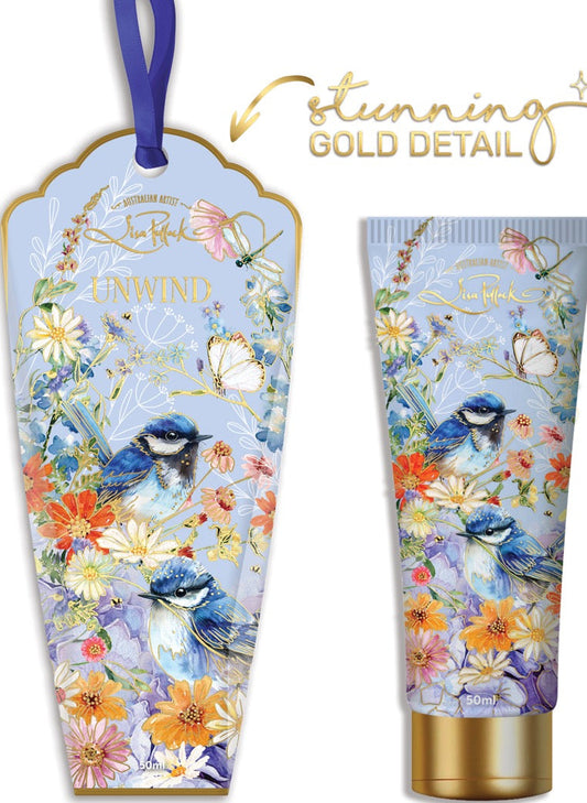 Cosmetic set with floral design and blue birds on a white background