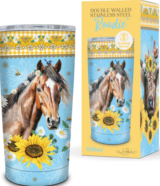 Tumbler with horse and sunflower design in packaging