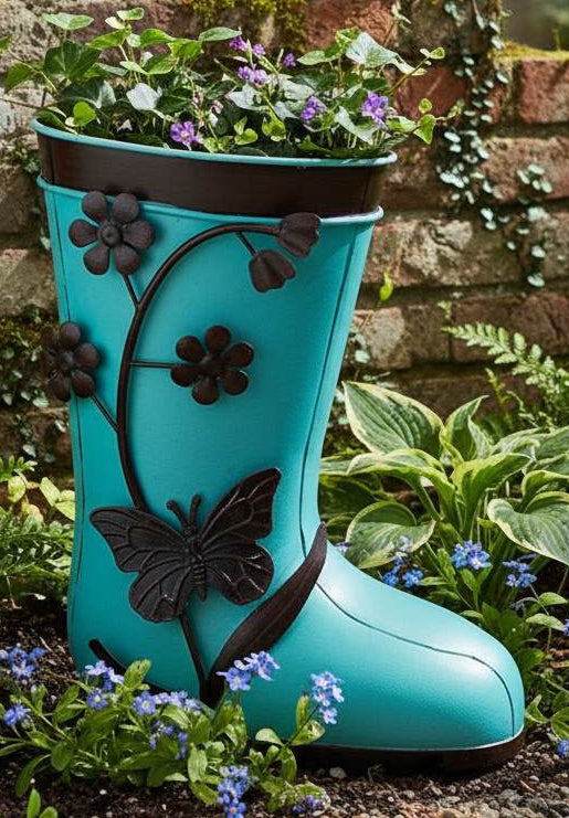 Turquoise wellington boot planter with flowers against a brick wall background