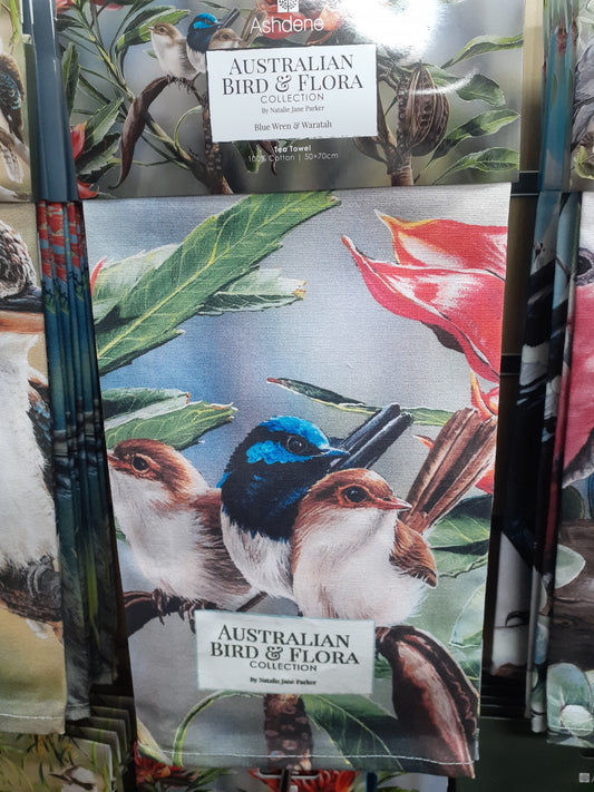 Tea Towel Blue Wren & Waratah Bird & Flora of Australia